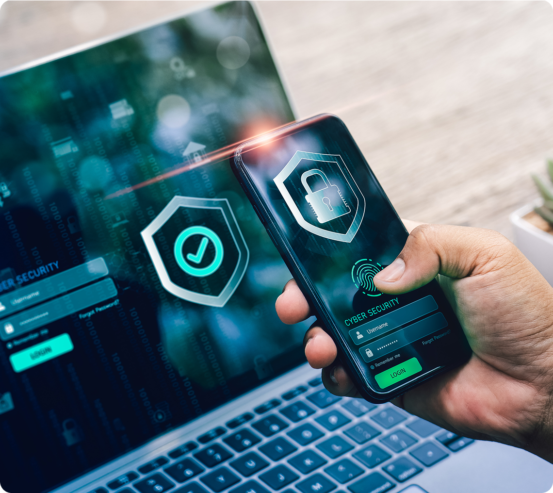 Smartphone security screen near laptop
