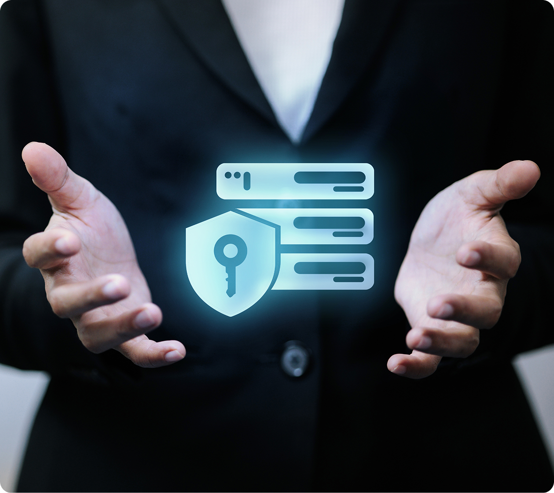 Hands presenting cybersecurity technology icon