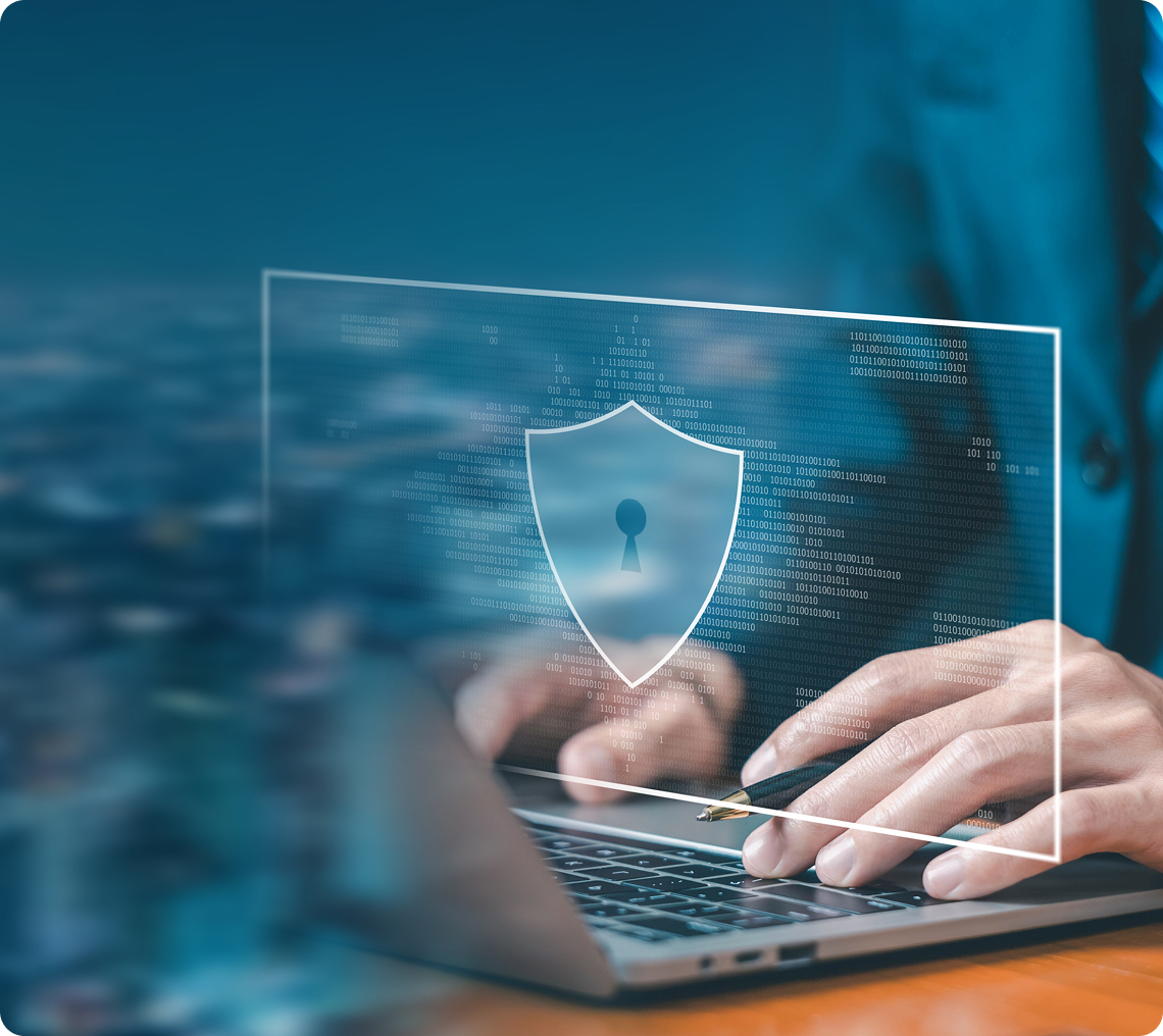 Digital shield icon on computer screen
