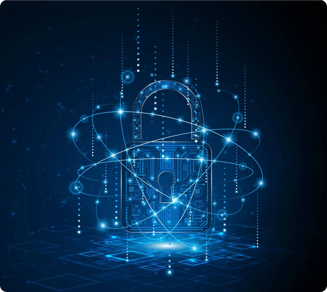 Cybersecurity concept with futuristic padlock