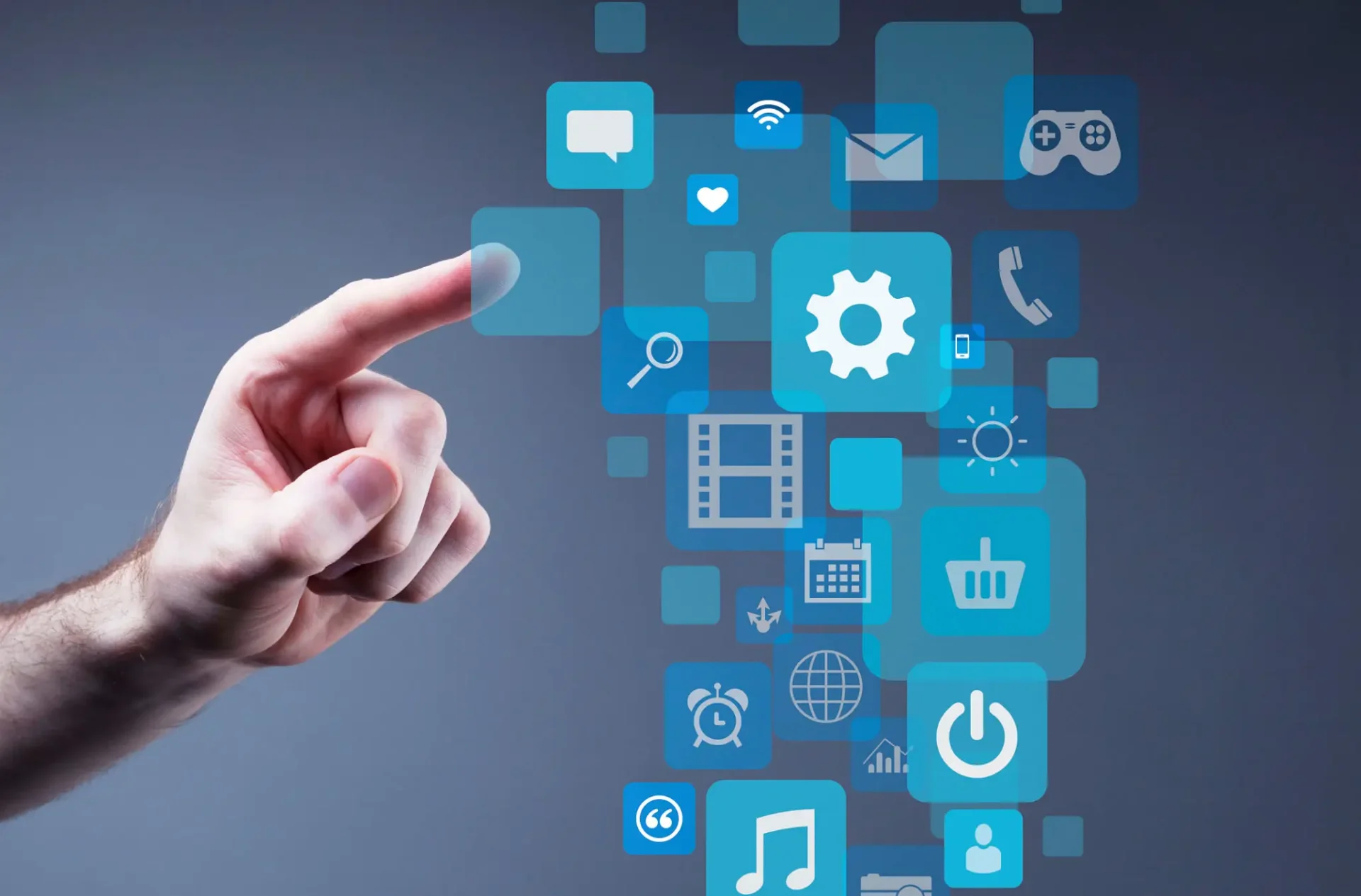Hand interacting with digital app icons.