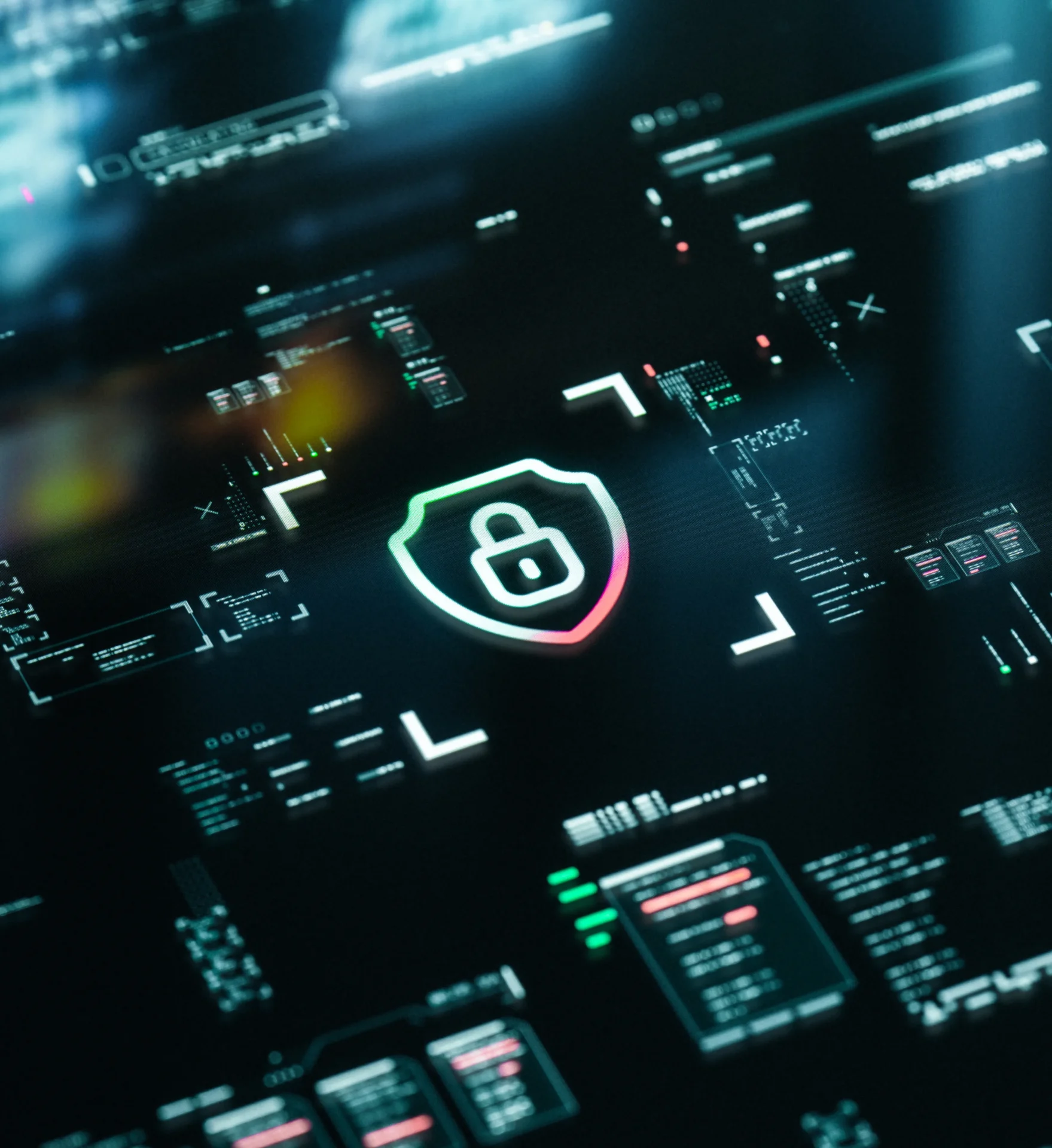 "Futuristic shield icon on digital interface."
