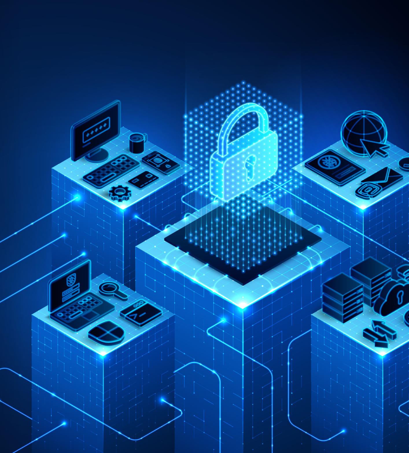 "Futuristic digital security network with padlock."