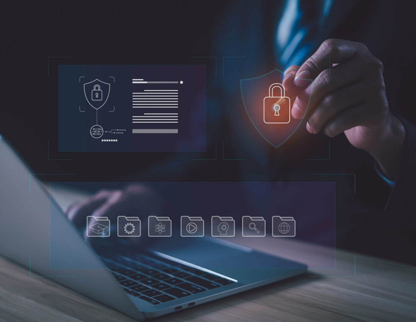Cybersecurity concepts with laptop and lock icon.