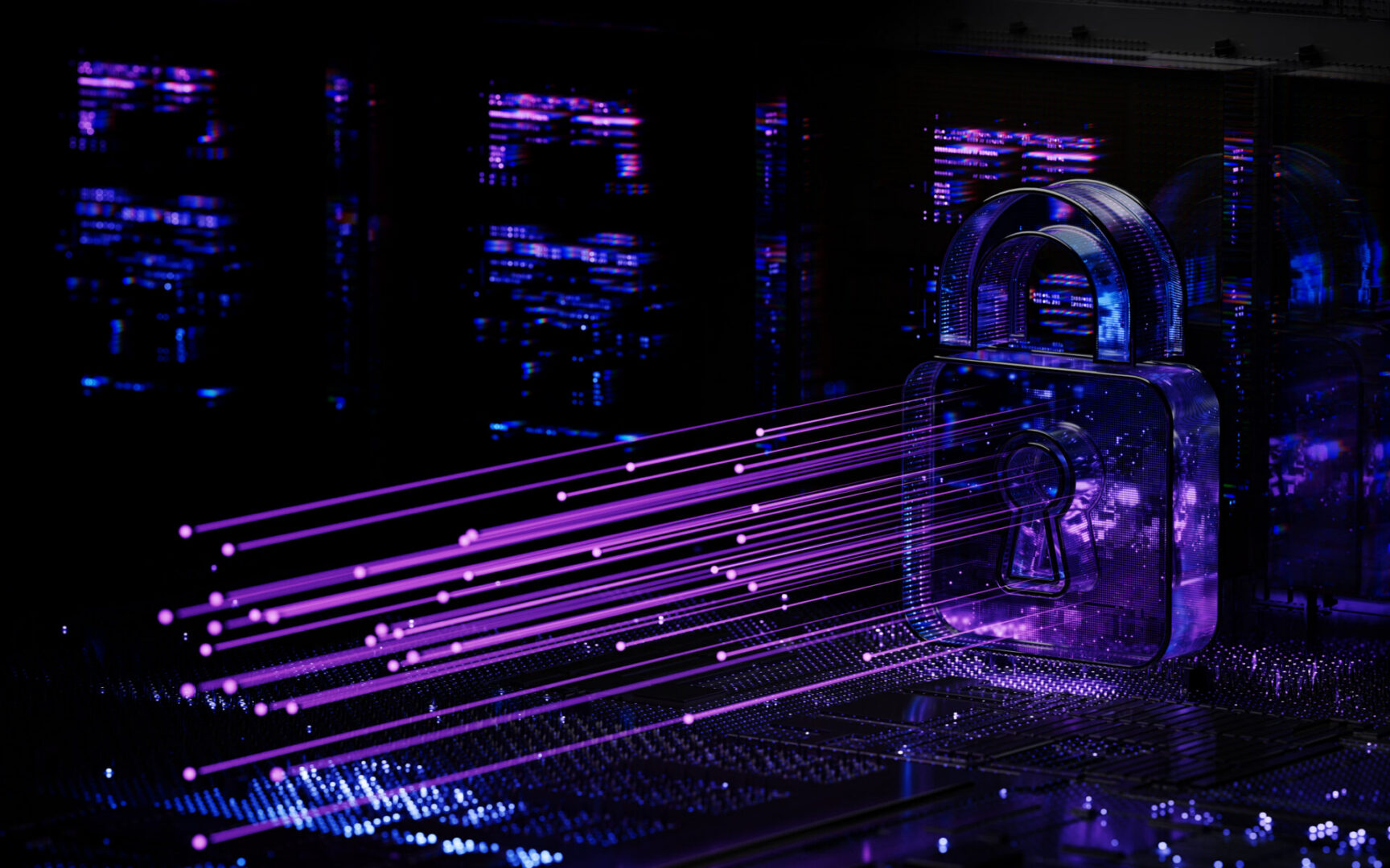 Digital lock with vibrant data streams.