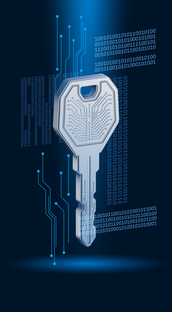 Digital key design with binary code background.