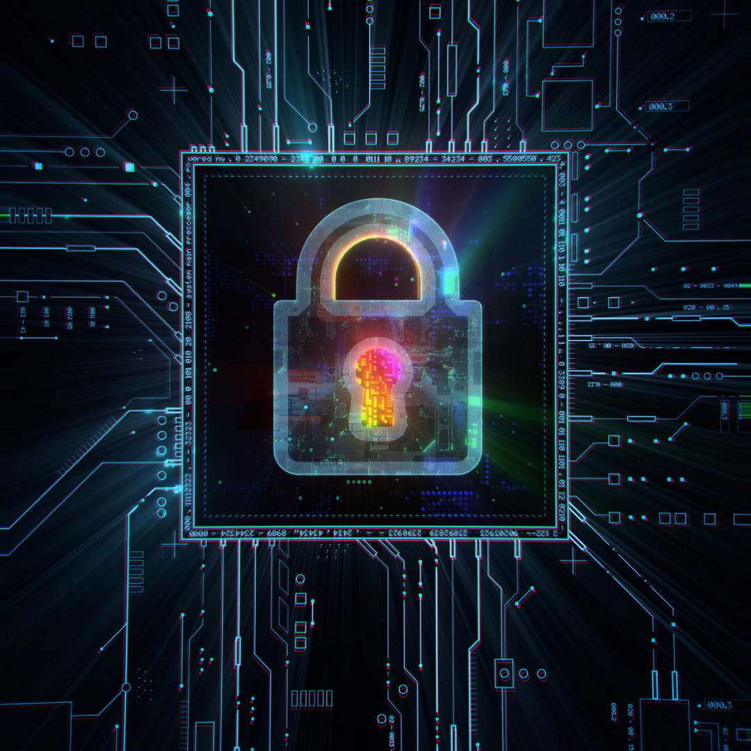 Digital lock symbol on circuit board background.
