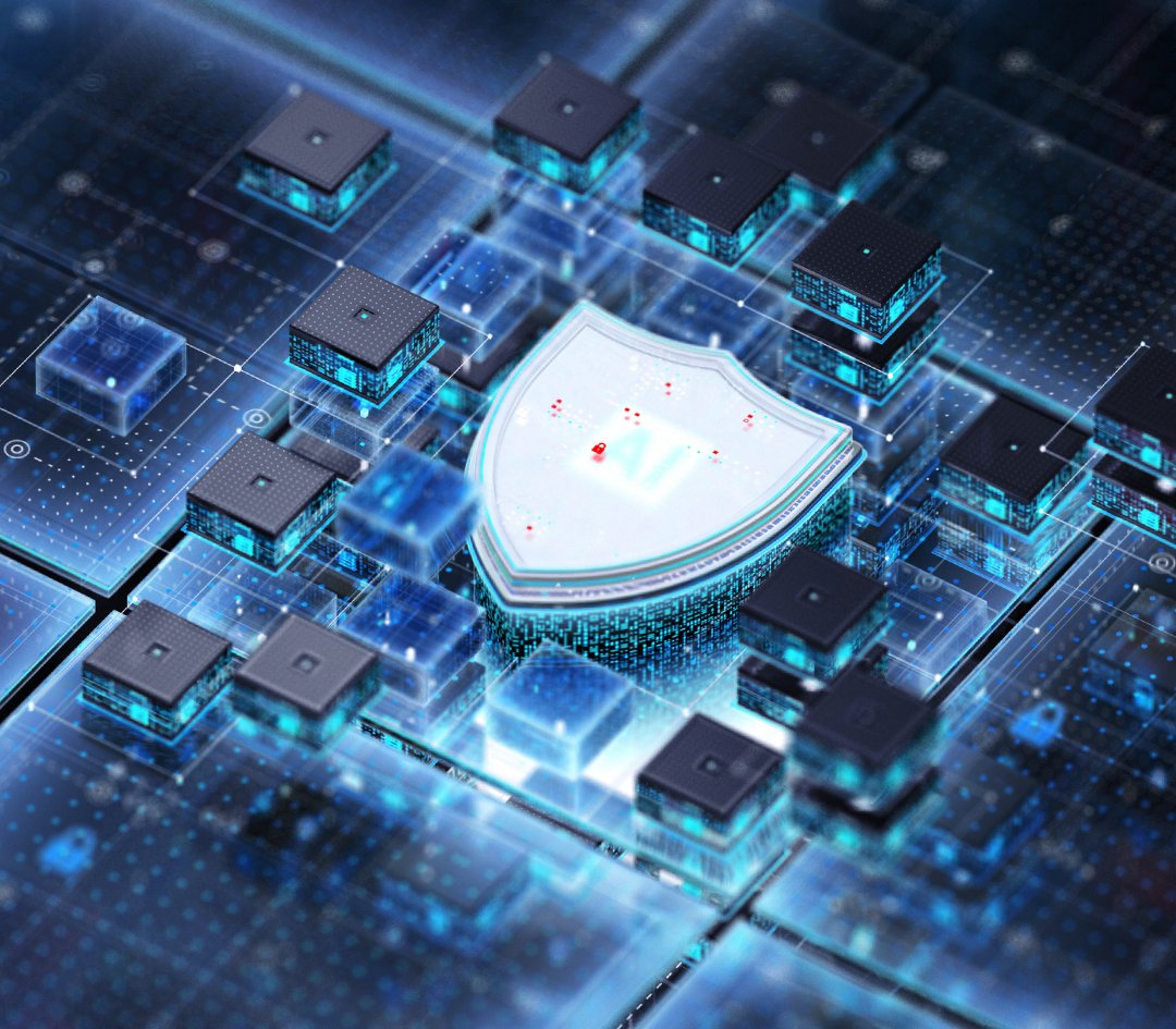 Digital shield on a futuristic circuit board.