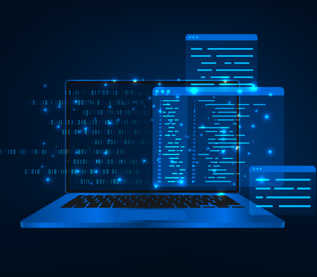 "Futuristic laptop displaying glowing code snippets"