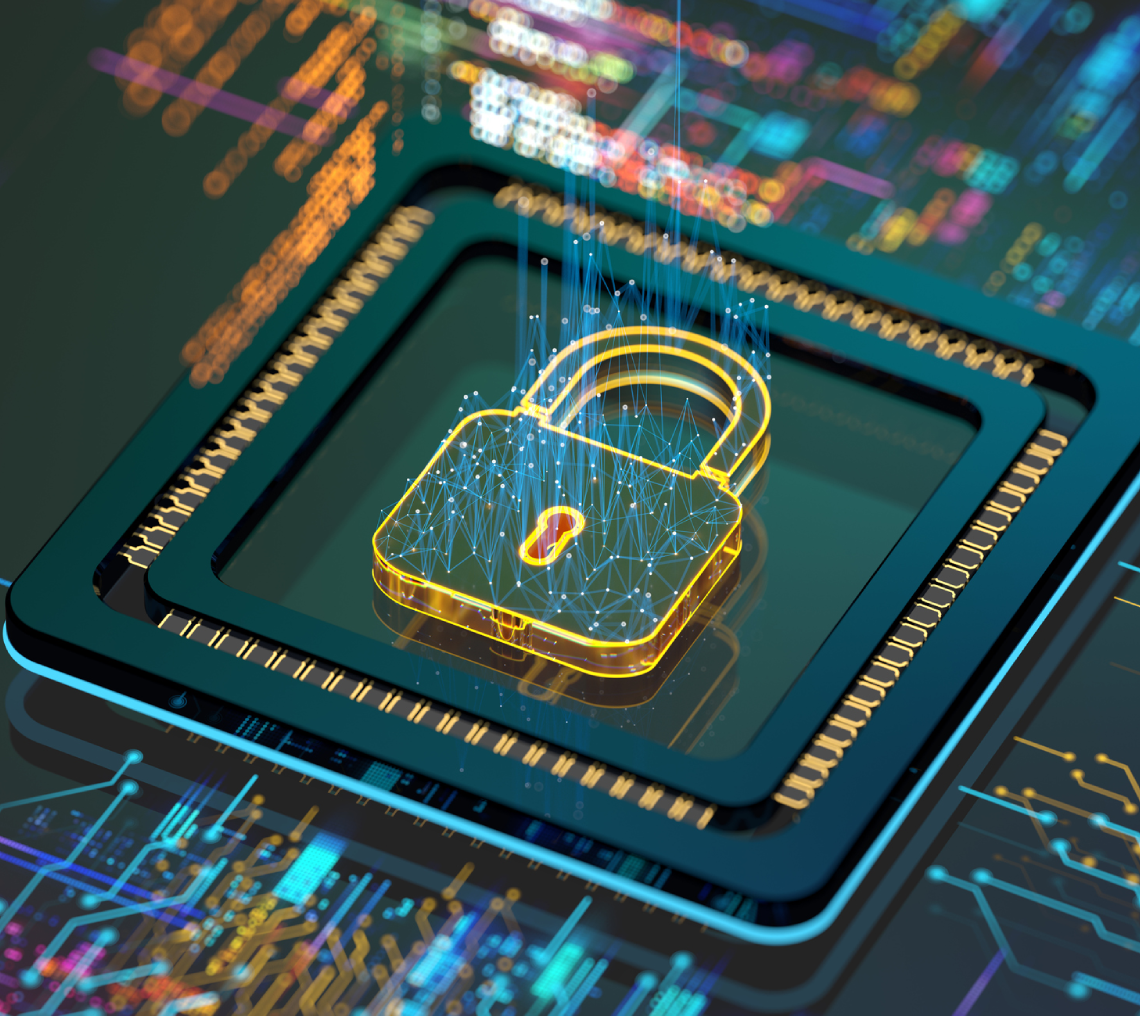 "Futuristic padlock on digital circuit background."