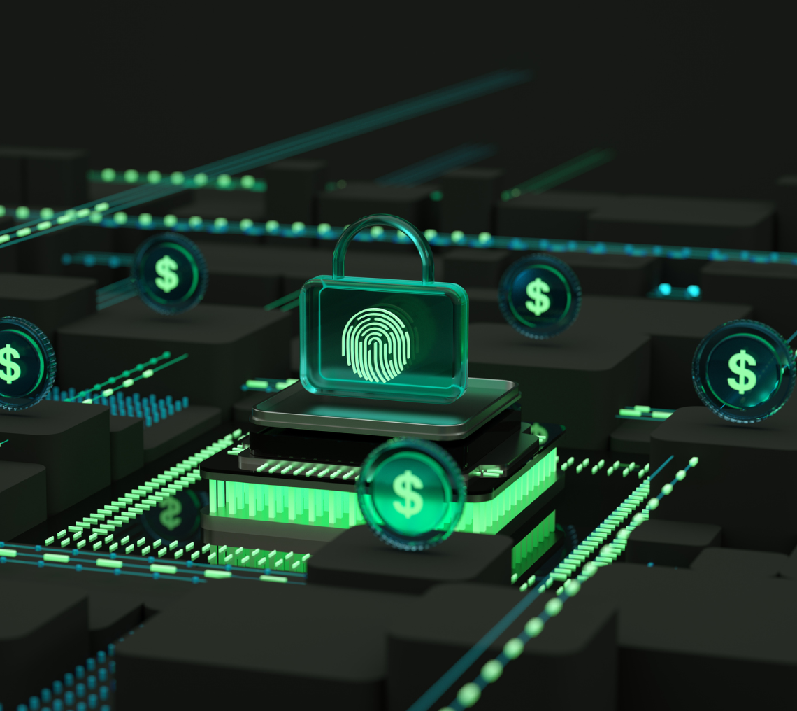 "Transparent lock with fingerprint on circuit board."