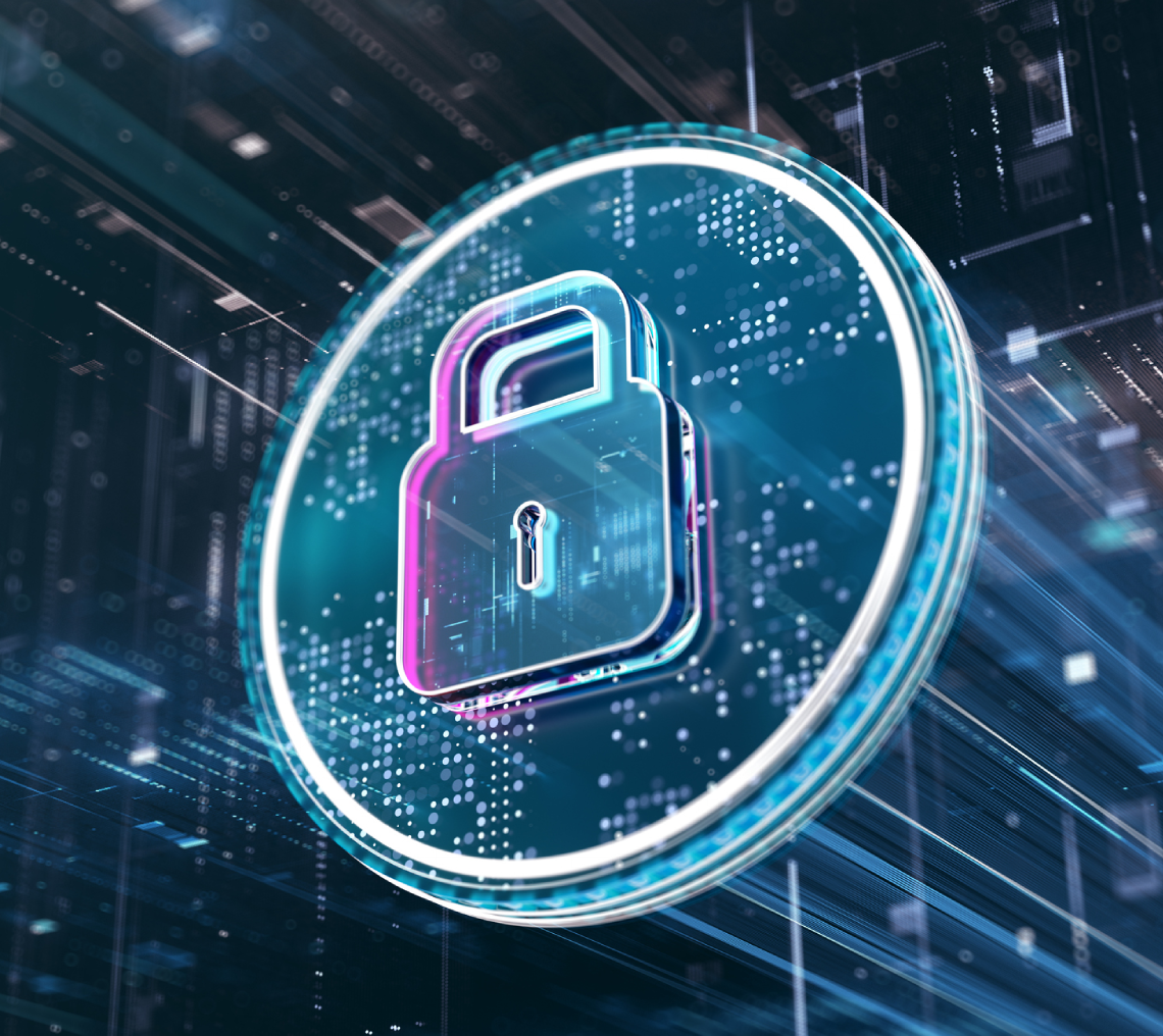 Futuristic padlock icon with data stream background.